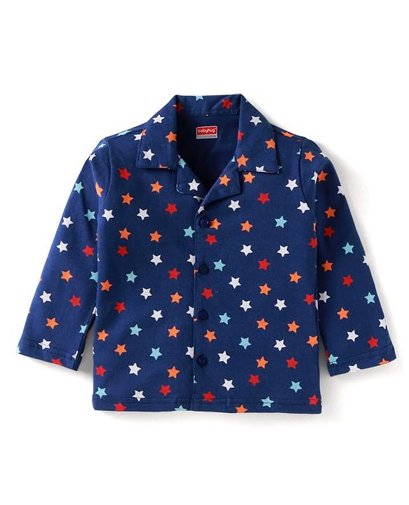 Babyhug Cotton Knit Full Sleeves Star Printed Night Suit - Navy Blue