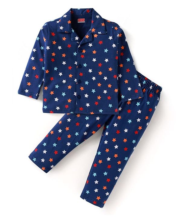 Babyhug Cotton Knit Full Sleeves Star Printed Night Suit - Navy Blue