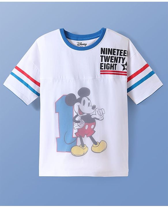 Pine Kids Disney Single Jersey Knit Half Drop Shoulder Sleeves Oversized T-Shirt With Mickey Mouse Graphics and Mesh Detailing - White