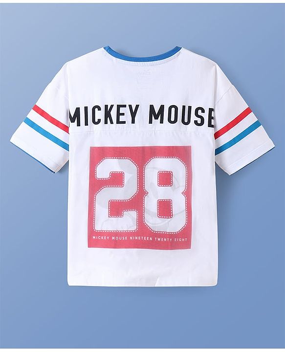 Pine Kids Disney Single Jersey Knit Half Drop Shoulder Sleeves Oversized T-Shirt With Mickey Mouse Graphics and Mesh Detailing - White