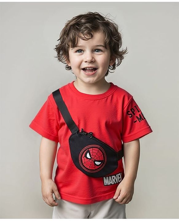 Babyhug Marvel Terry Knit Oversize Drop Shoulder Light Weight T-Shirt With Functional Bag Applique - Red