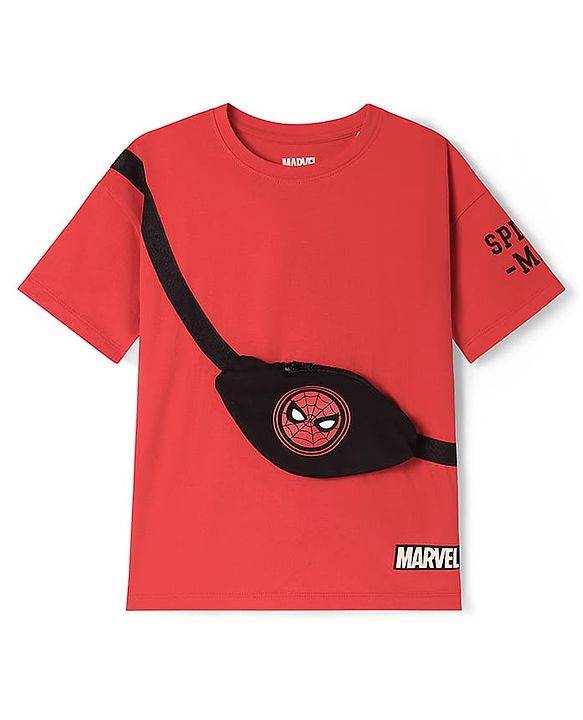 Pine Kids Marvel Light Weight Terry Knit Half Drop Shoulder Sleeves T-Shirt with Functional Bag Applique & Spider Man Print - Red