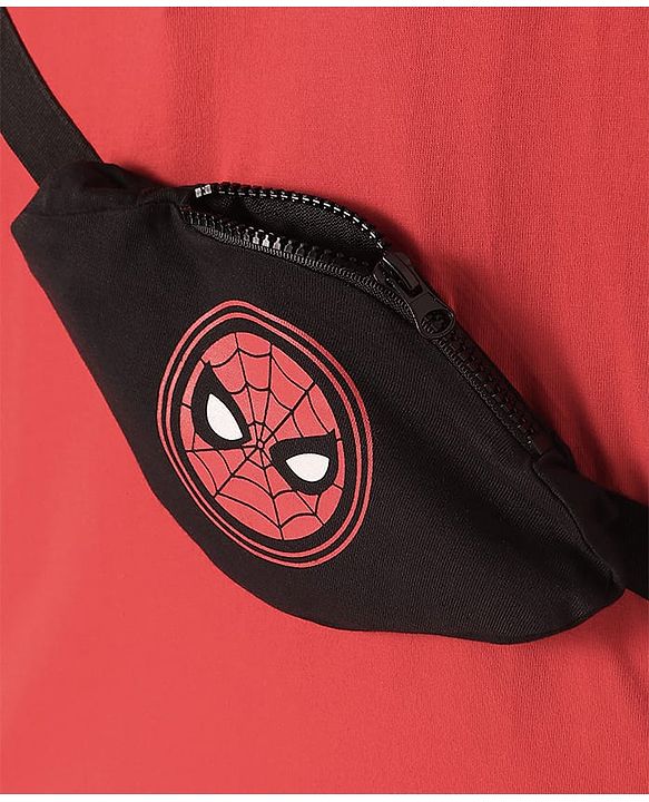 Pine Kids Marvel Light Weight Terry Knit Half Drop Shoulder Sleeves T-Shirt with Functional Bag Applique & Spider Man Print - Red