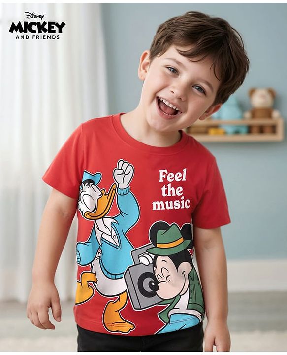 Babyhug Disney Single Jersey Knit Half Sleeves T-Shirt with Mickey Mouse & Donald Graphics - Red