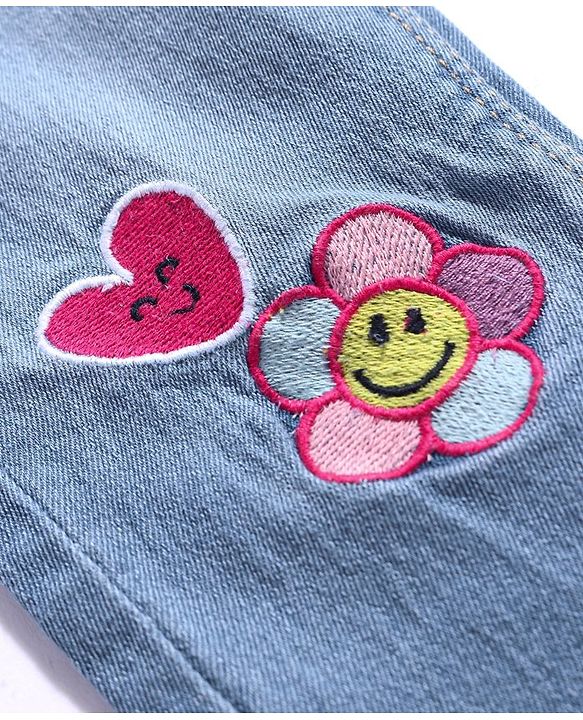 Babyhug Denim Full Length Jeans With Stretch & Text Embroidery - Blue