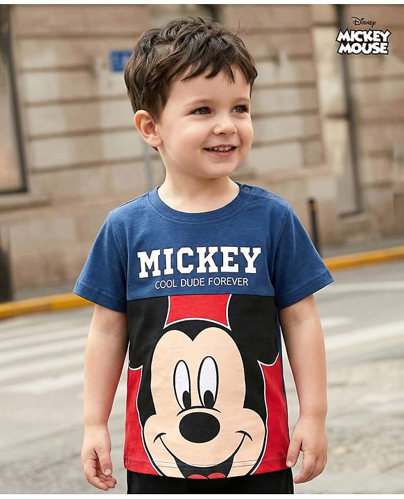 Babyhug Disney Single Jersey Knit Half Sleeves Cut & Sew T-Shirt with Mickey Mouse Graphics - Navy Blue