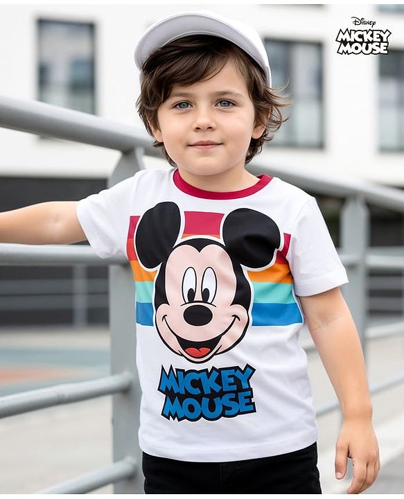 Babyhug Disney Single Jersey Half Sleeves T-Shirt With Mickey Mouse Graphics - White