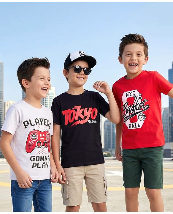 Pine Kids Cotton Knit Half Sleeves T-Shirt with Text Print Pack of 3 - White Black & Red