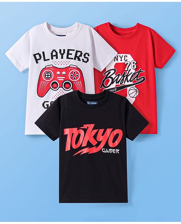 Pine Kids Cotton Knit Half Sleeves T-Shirt with Text Print Pack of 3 - White Black & Red