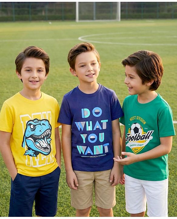 Pine Kids Cotton Knit Half Sleeves T-Shirt with Text Print Pack of 3 - Yellow Navy Blue & Green