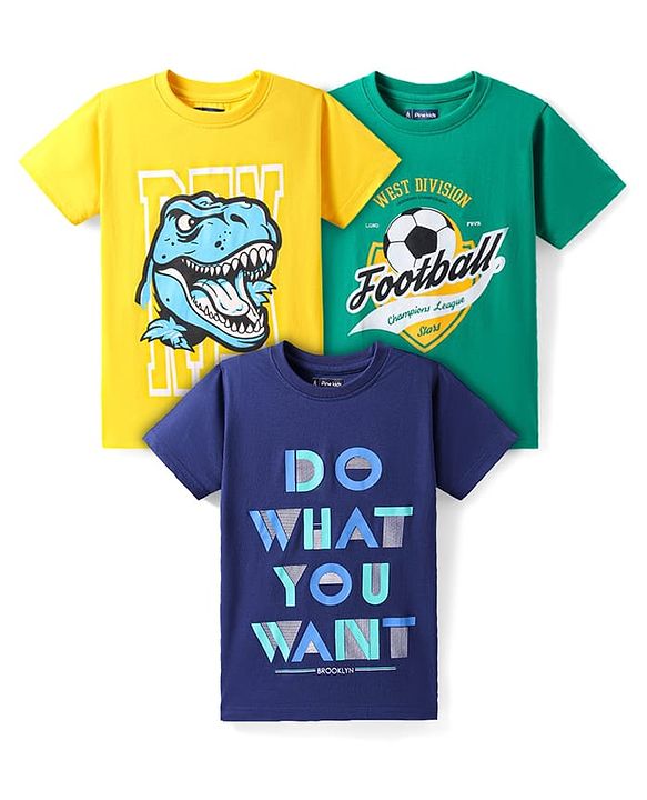 Pine Kids Cotton Knit Half Sleeves T-Shirt with Text Print Pack of 3 - Yellow Navy Blue & Green