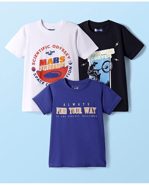 Pine Kids Cotton Knit Half Sleeves T-Shirt with Text Print Pack of 3 - White Blue Black