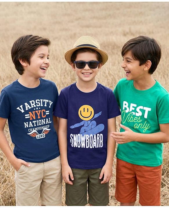 Pine Kids Cotton Knit Half Sleeves T-Shirt with Text Print Pack of 3 - Navy Blue & Mint