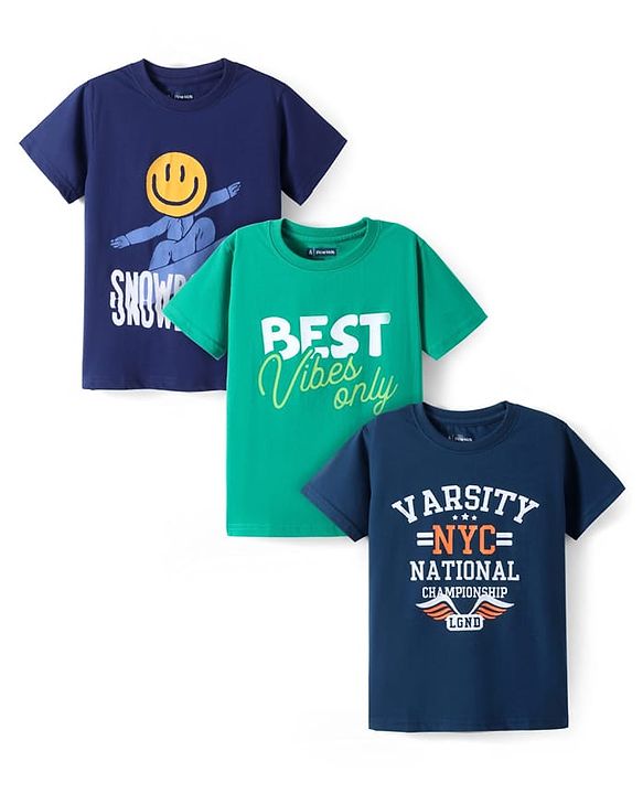 Pine Kids Cotton Knit Half Sleeves T-Shirt with Text Print Pack of 3 - Navy Blue & Mint