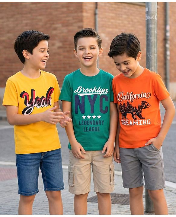 Pine Kids Cotton Knit Half Sleeves T-Shirt with Text Print Pack of 3 - Orange Yellow & Teal Blue