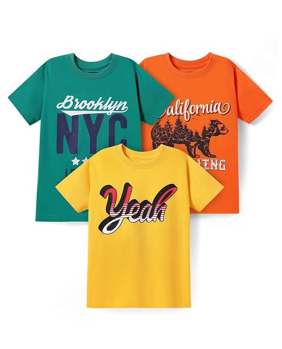Pine Kids Cotton Knit Half Sleeves T-Shirt with Text Print Pack of 3 - Orange Yellow & Teal Blue