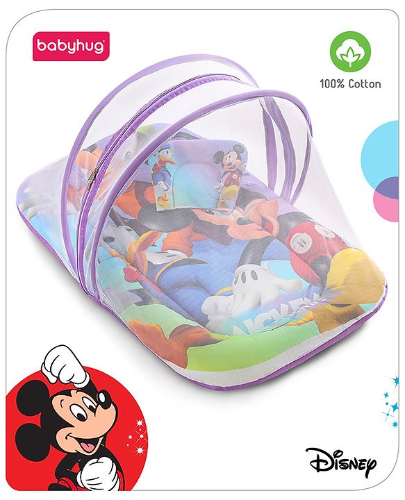 Babyhug Disney Gadda Set With Mosquito Net Smiley Mickey Face Print - Blue