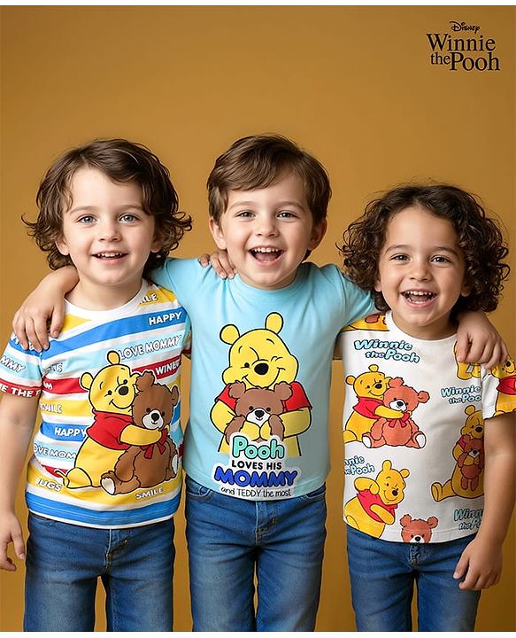 Babyhug Disney Single Jersey Knit Half Sleeves T-Shirts with Winnie the Pooh Graphics & Stripes Pack of 3 - White & Light Blue