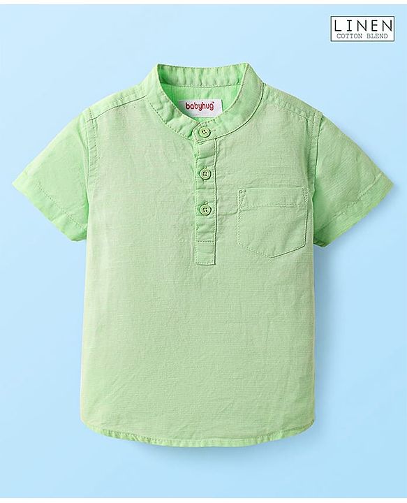 Babyhug Linen Woven Half Sleeves Solid Mandarin Collar Kurta Shirt - Light Green