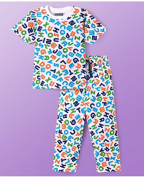 Pine Kids Single Jersey Knit Half Sleeves Night Suit With Alphabet Print - White