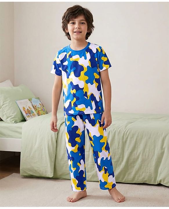 Pine Kids Single Jersey Knit Half Sleeves Night Suit With Camouflage Print - White