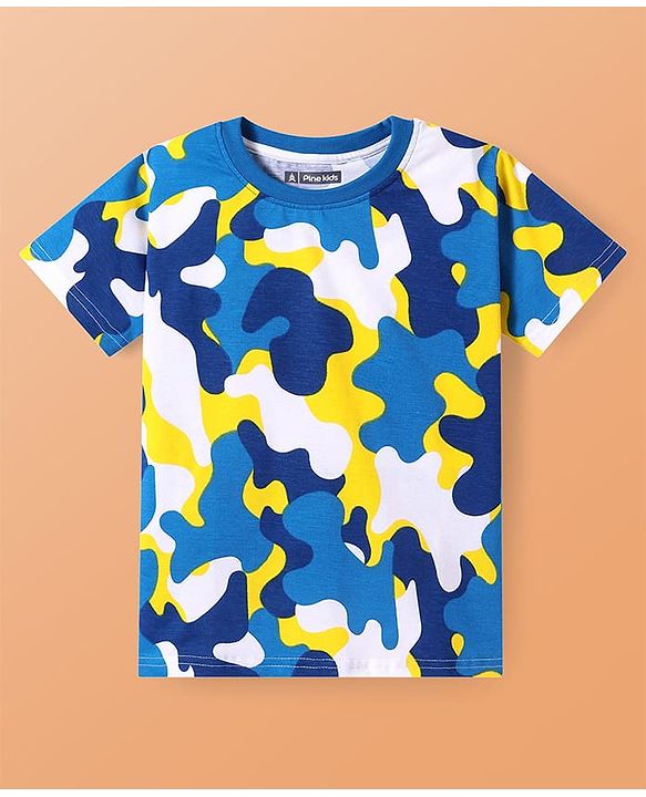 Pine Kids Single Jersey Knit Half Sleeves Night Suit With Camouflage Print - White