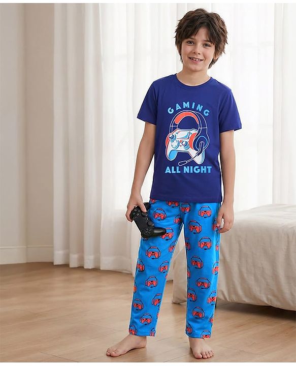 Pine Kids Single Jersey Knit Half Sleeves Night Suit With Gaming Controller & Headphones Print - Navy Blue