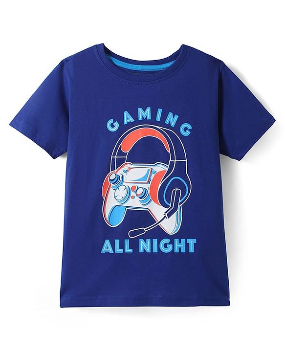 Pine Kids Single Jersey Knit Half Sleeves Night Suit With Gaming Controller & Headphones Print - Navy Blue
