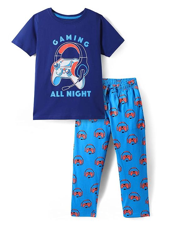 Pine Kids Single Jersey Knit Half Sleeves Night Suit With Gaming Controller & Headphones Print - Navy Blue