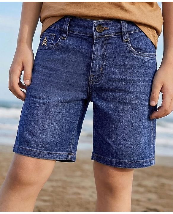 Pine Kids Above Knee Length Washed Denim Shorts - Navy Blue