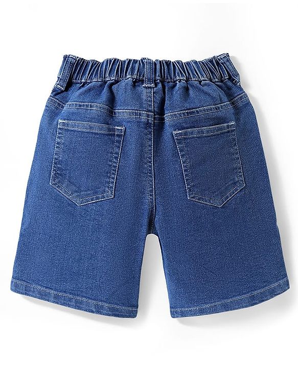 Pine Kids Denim Woven Above Knee Length Washed Shorts with Good Vibes Embroidery - Blue