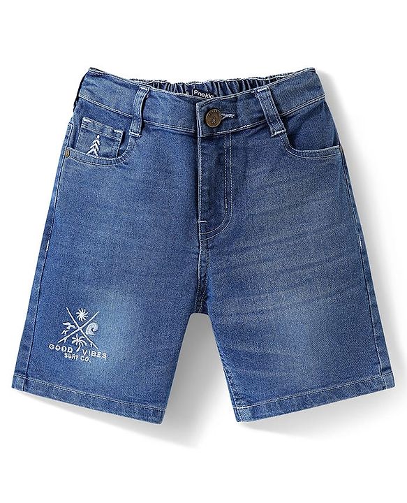 Pine Kids Denim Woven Above Knee Length Washed Shorts with Good Vibes Embroidery - Blue