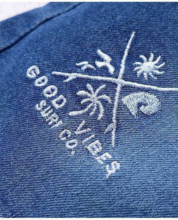 Pine Kids Denim Woven Above Knee Length Washed Shorts with Good Vibes Embroidery - Blue