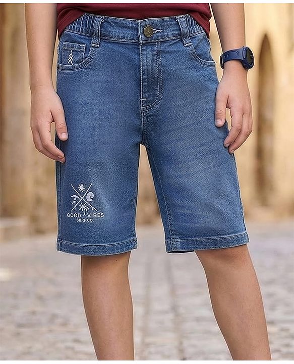 Pine Kids Denim Woven Above Knee Length Washed Shorts with Good Vibes Embroidery - Blue