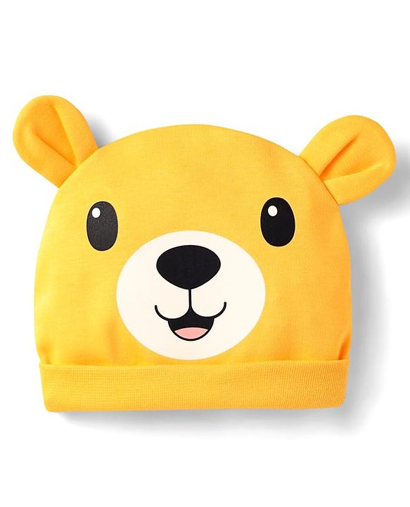 Babyhug 100% Cotton Interlock knit Cap With Bear Face & Ear Applique Yellow - Diameter 10.5
