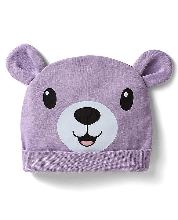 Babyhug 100% Cotton Interlock Knit Cap with Teddy Print & Ear Applique Purple - Circumference 32 cm
