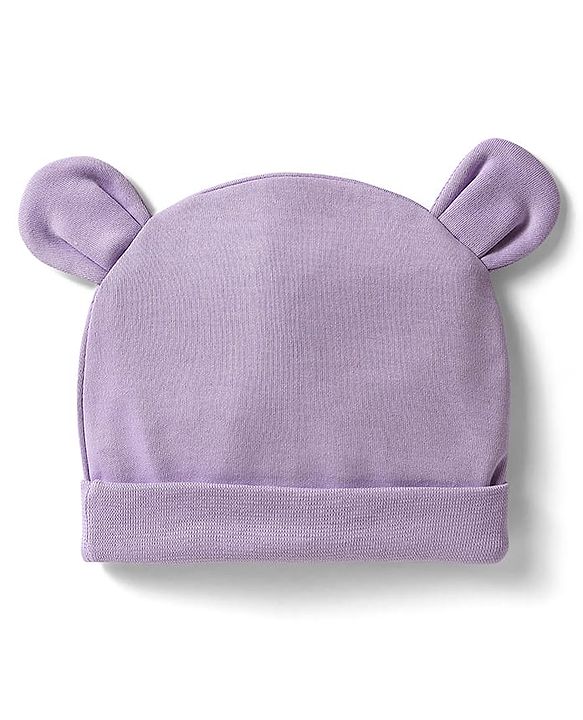 Babyhug 100% Cotton Interlock Knit Cap with Teddy Print & Ear Applique Purple - Circumference 35 cm