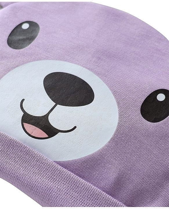 Babyhug 100% Cotton Interlock Knit Cap with Teddy Print & Ear Applique Purple - Circumference 35 cm
