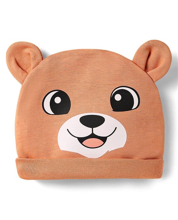 Babyhug 100% Cotton Interlock Knit Cap With Bear Print & Ear Applique Tan - Diameter 10 cm