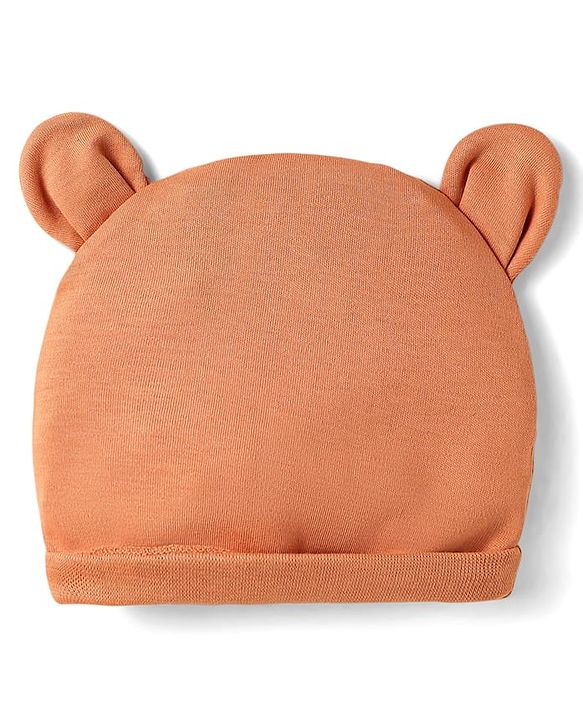 Babyhug 100% Cotton Interlock Knit Cap With Bear Print & Ear Applique Tan - Diameter 10 cm