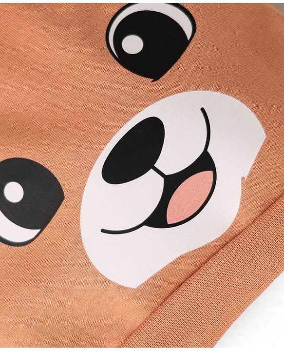 Babyhug 100% Cotton Interlock Knit Cap With Bear Print & Ear Applique Tan - Diameter 10 cm