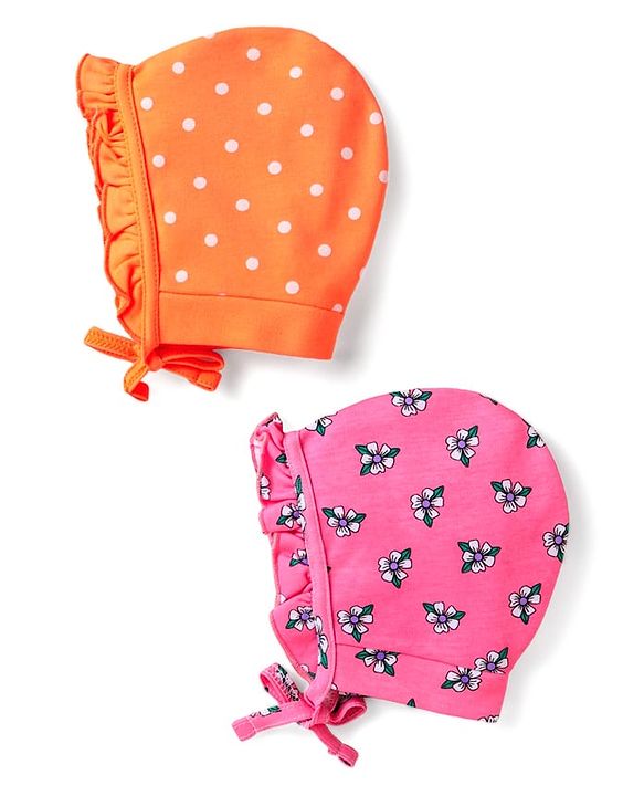 Babyhug Interlock Knit Caps With Floral & Polka Dot Print Pack of 2 - Dark Pink & Orange