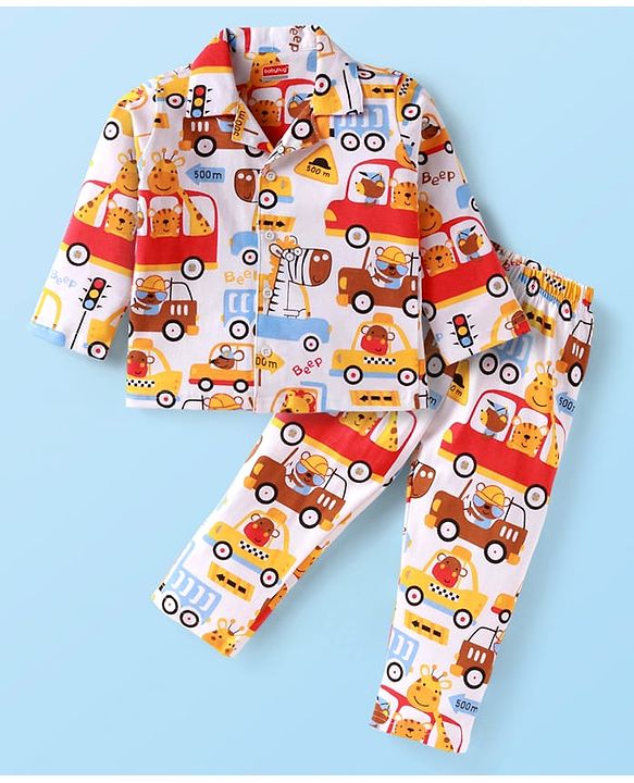 Babyhug Cotton Knit Full Sleeves Front Open Night Suit Vehicle Print - Orange White