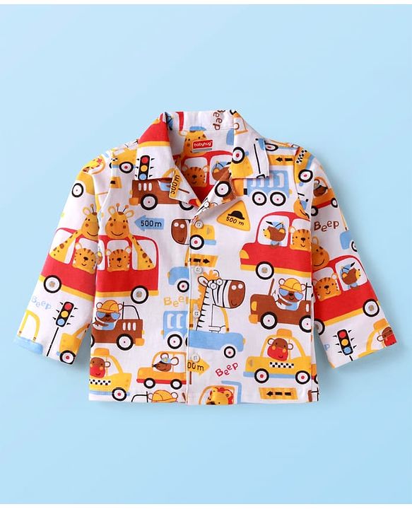 Babyhug Cotton Knit Full Sleeves Front Open Night Suit Vehicle Print - Orange White