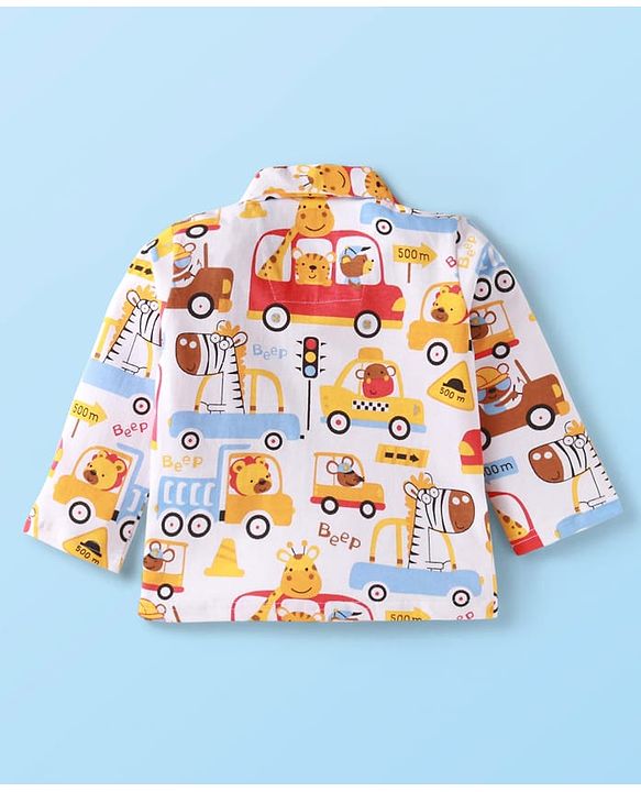 Babyhug Cotton Knit Full Sleeves Front Open Night Suit Vehicle Print - Orange White