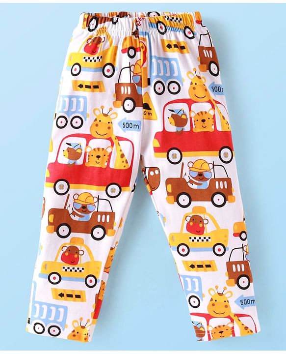 Babyhug Cotton Knit Full Sleeves Front Open Night Suit Vehicle Print - Orange White