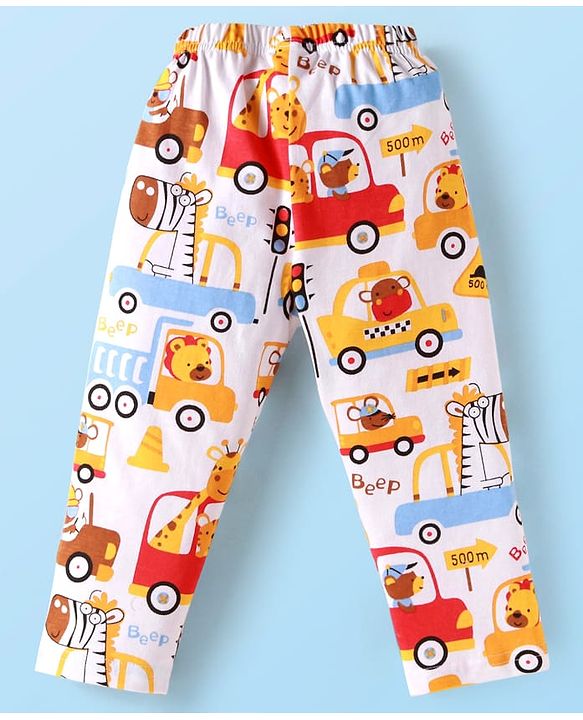 Babyhug Cotton Knit Full Sleeves Front Open Night Suit Vehicle Print - Orange White