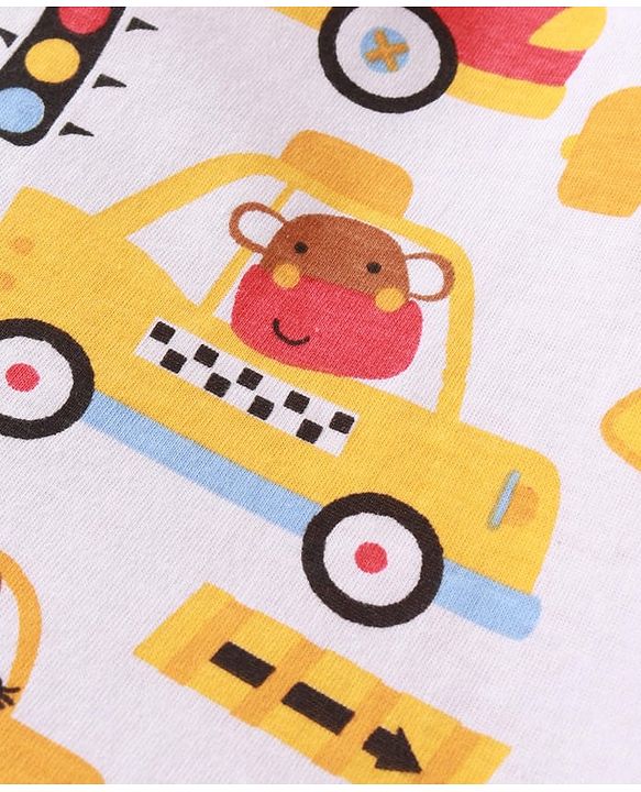 Babyhug Cotton Knit Full Sleeves Front Open Night Suit Vehicle Print - Orange White
