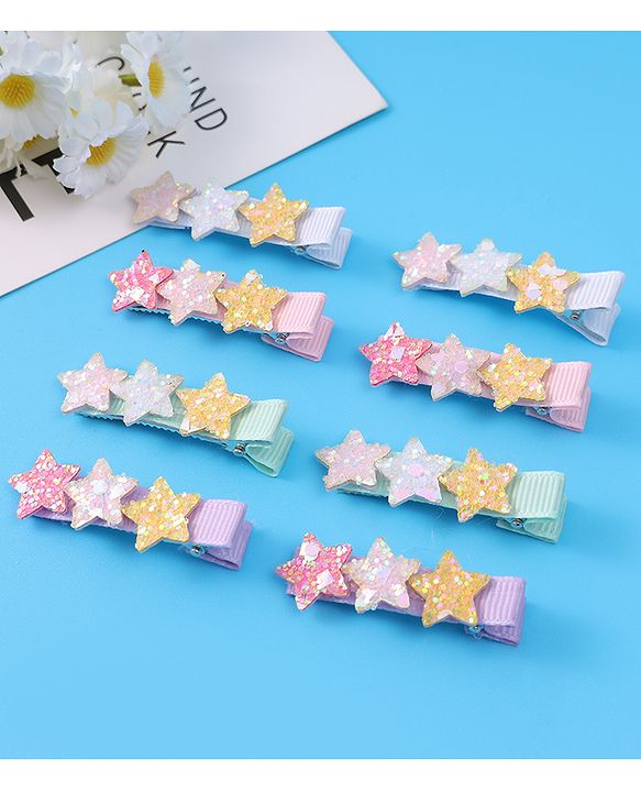 Pine Kids Hair Pins And Clips With Stars Applique Pack of 8 - Multicolor