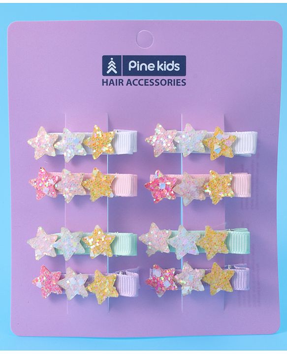 Pine Kids Hair Pins And Clips With Stars Applique Pack of 8 - Multicolor